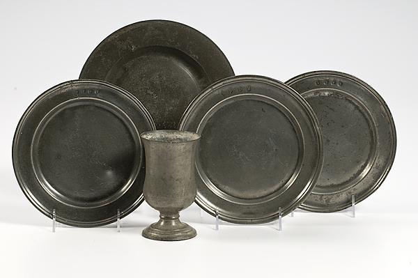 Appraisal: ENGLISH PEWTER GOBLET AND PLATES Early th century Five pieces