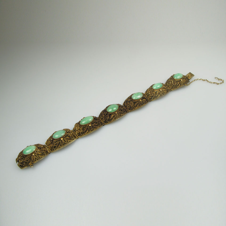 Appraisal: Chinese Silver Gilt Filigree Bracelet bezel set with oval jade