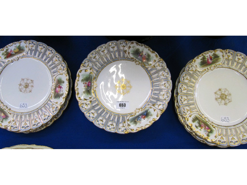 Appraisal: English handpainted porcelain dessert set comprising tazza and six plates