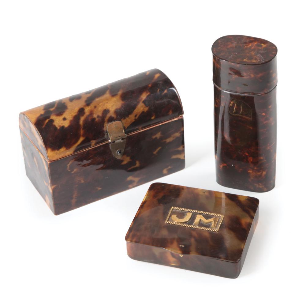 Appraisal: Three Antique Tortoiseshell Boxes incl a trunk-form with domical lid