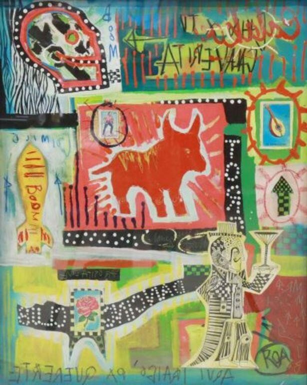 Appraisal: Framed acrylic mixed media and collage on paper Toro signed