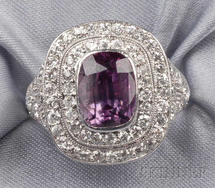 Appraisal: Platinum Purple Sapphire and Diamond Ring bezel-set with a cushion-shape