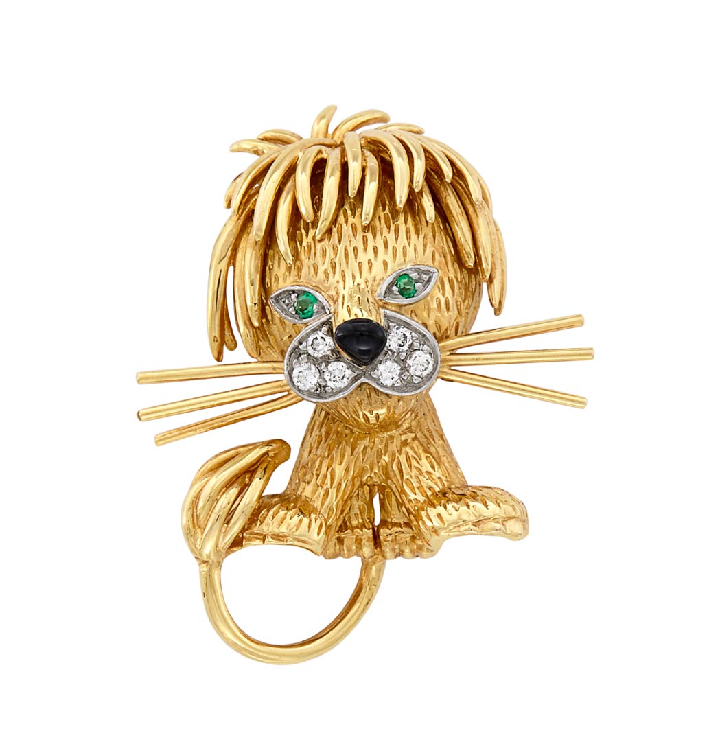 Appraisal: Gold Diamond Emerald and Black Enamel Lion Clip-Brooch Van Cleef