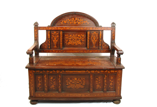 Appraisal: A Mahogany Dutch Marquetried Settle having an arched crest with