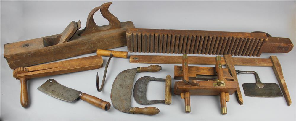 Appraisal: ASSORTMENT OF VINTAGE TOOLS INCLUDING A PLANE SIGNED WM WITH