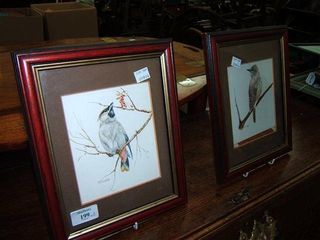 Appraisal: A pair of watercolours by B Ridgley birds on branches