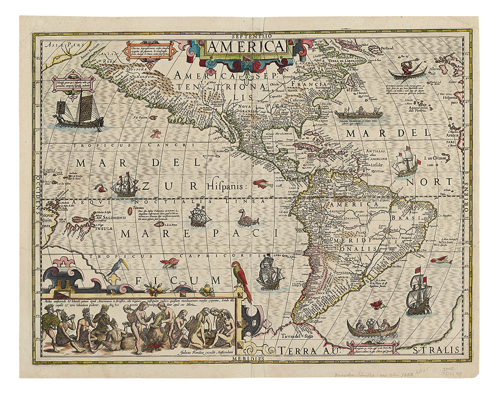 Appraisal: HONDIUS JODOCUS America Double-page engraved map of the Western Hemisphere