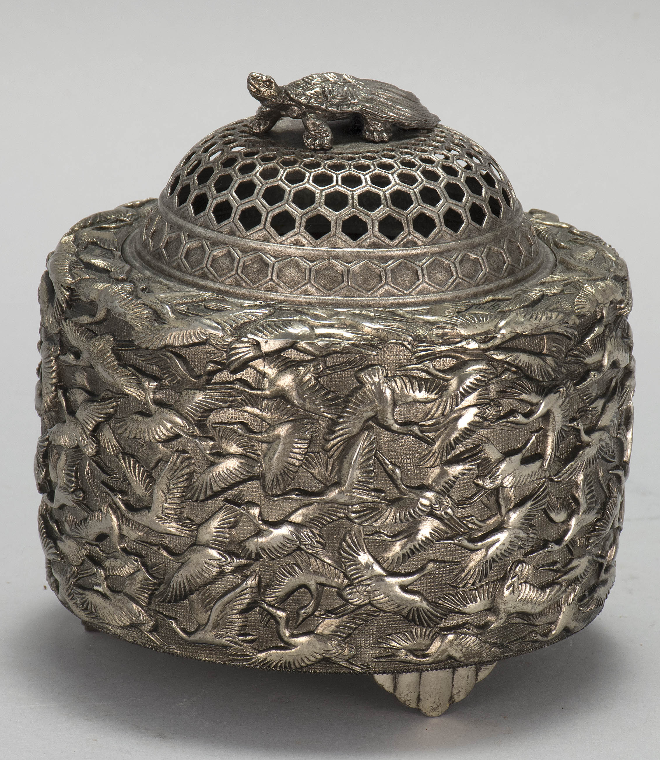 Appraisal: SILVER PLATED CENSER Showa PeriodIn cylinder form with crane design