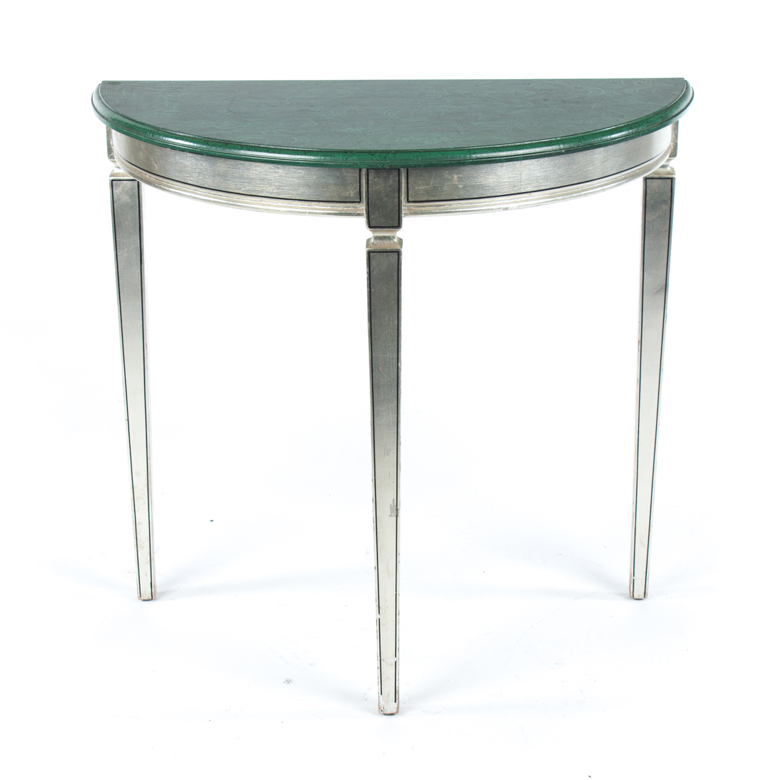 Appraisal: Contemporary painted faux wood demilune table Malachite top with silver