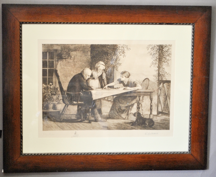 Appraisal: - Emily Sartain etching of two people examining map of