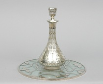 Appraisal: A Sterling Overlay Wine Decanter Liner Plate Clear glass decanter