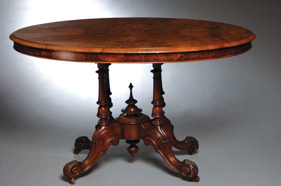 Appraisal: VICTORIAN BURL WALNUT TABLE Antique Victorian burl walnut oval table