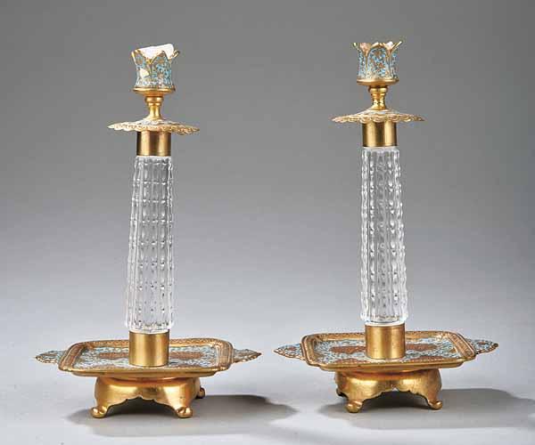 Appraisal: A Pair of Continental Champlev and Cut Glass Candlesticks c