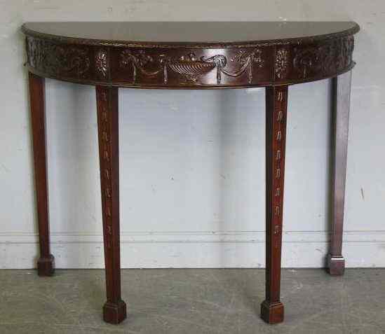 Appraisal: Adams Style Carved Demilune Mahogany ConsoleTable From a Long Island