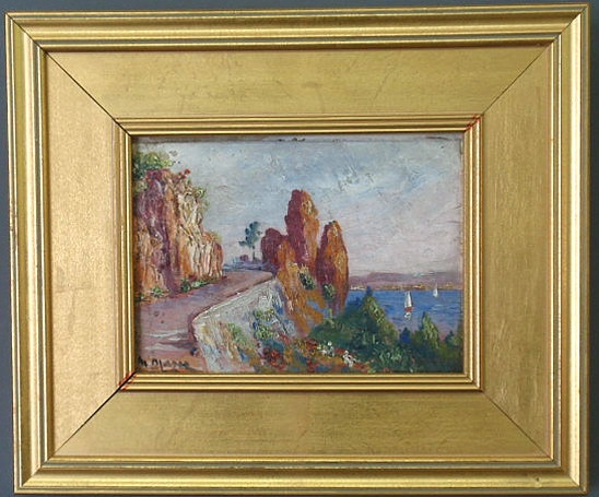 Appraisal: Oil on wood panel painting French impressionist coastline and signed