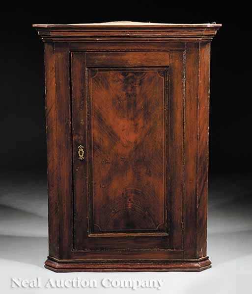 Appraisal: A Painted Pine Corner Cabinet molded cornice paneled door interior