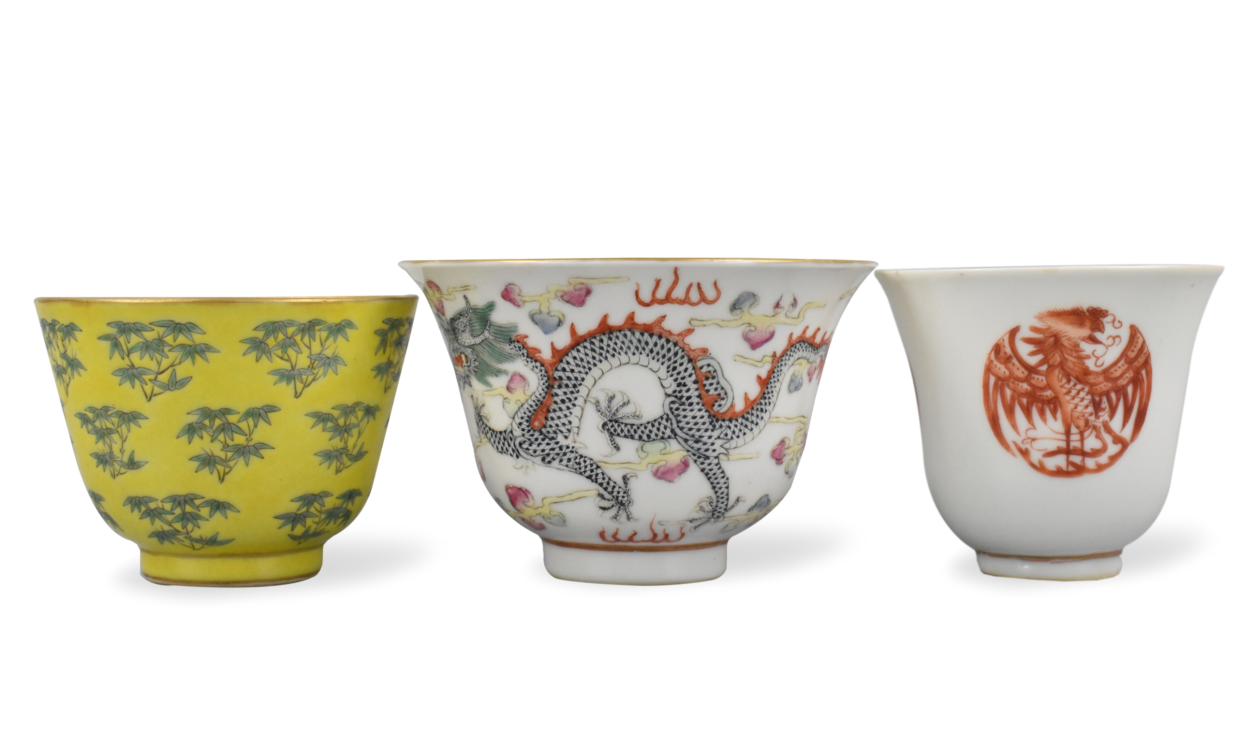 Appraisal: Three Chinese porcelain cups with a phoenix dragon and bamboo