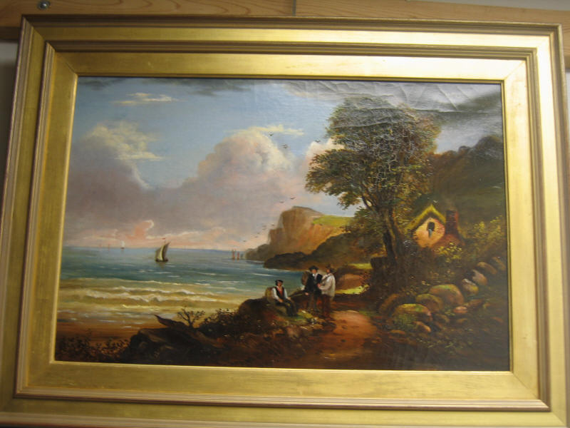 Appraisal: H HALL Fishermen at ocean shore oil on canvas framed