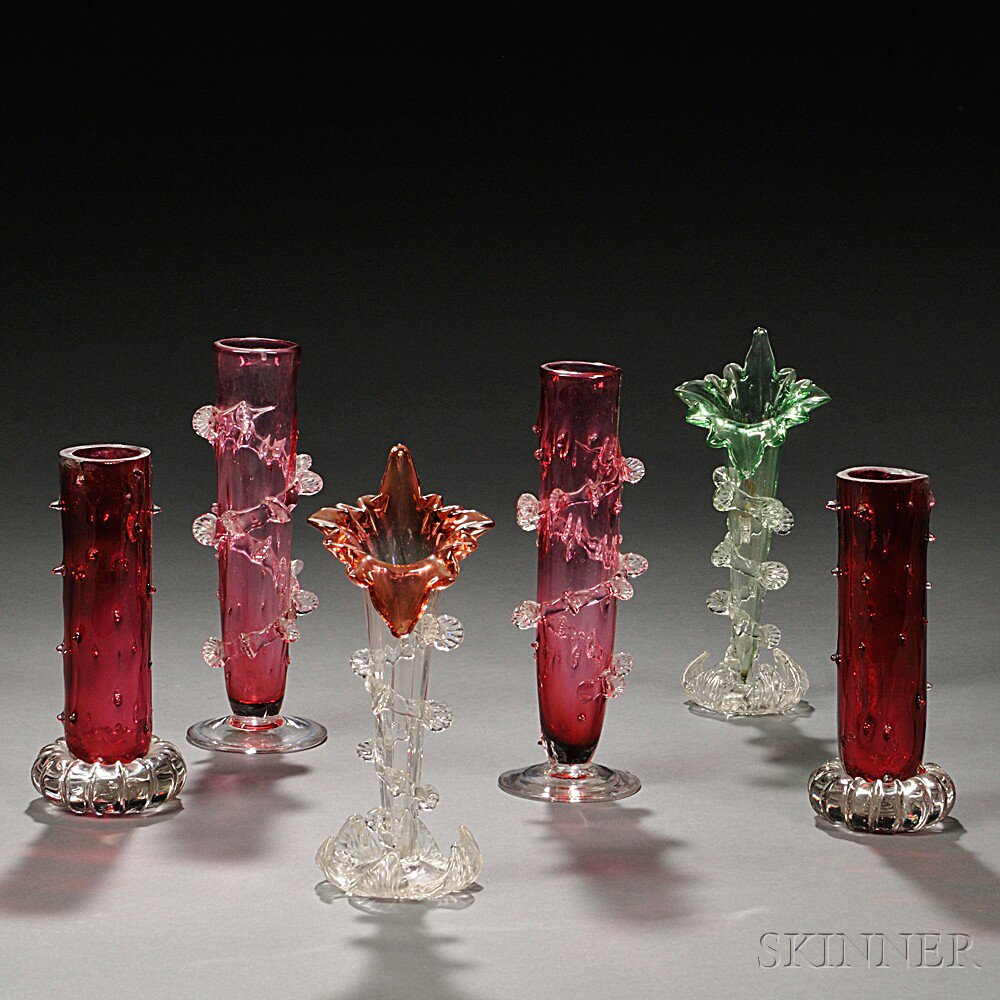 Appraisal: Six Cranberry Glass Vases two with jack-in-the-pulpit-form vases decorated with