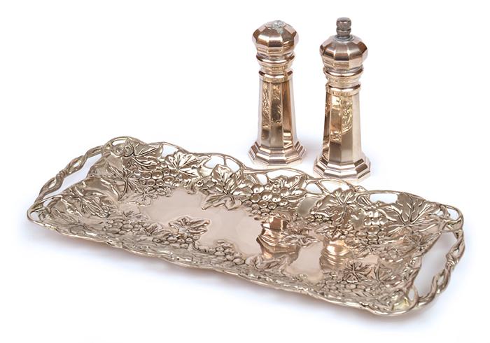 Appraisal: PLATED STOKES TRAY AND PLATED SALT AND PEPPER SHAKERS