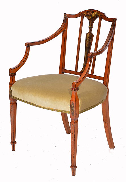 Appraisal: AN EDWARDIAN SHERATON STYLE SATINWOOD ARMCHAIR with painted classical urn