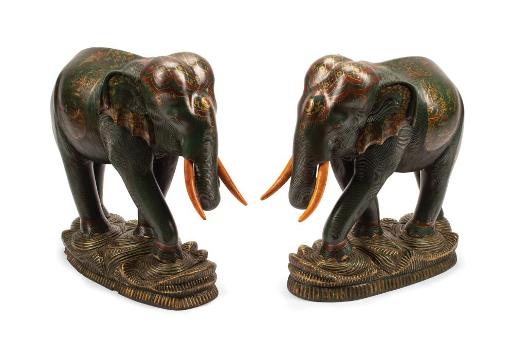 Appraisal: Pair of Decorative Carved and Painted Wood Elephants possibly Thai