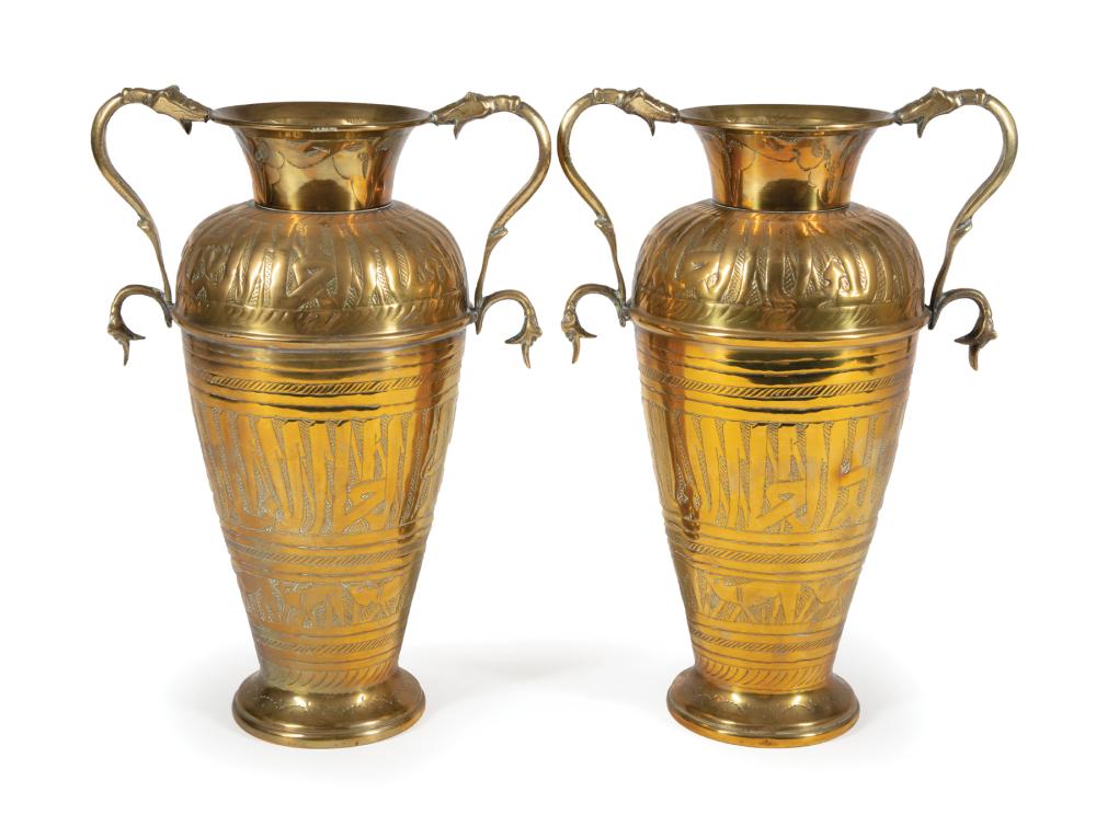 Appraisal: Pair of Indo-Persian-Style Brass Vases probably th c stylized serpent