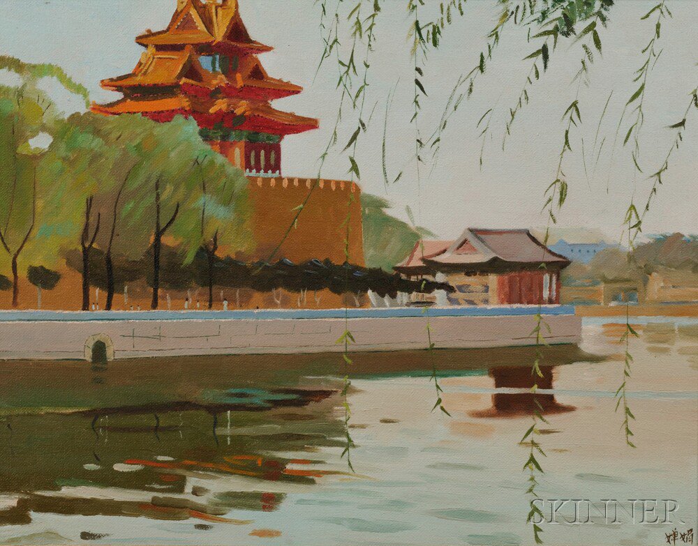 Appraisal: Two Oil Paintings Depicting Landscapes China one with a covered