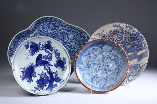 Appraisal: JAPANESE BLUE AND WHITE PORCELAIN PLATTER AND THREE CHARGERS The