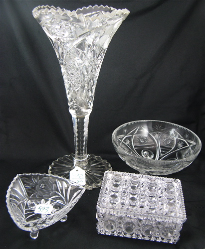 Appraisal: FOUR GLASS DECORATIVE ACCESSORIES a cut and engraved trumpet vase