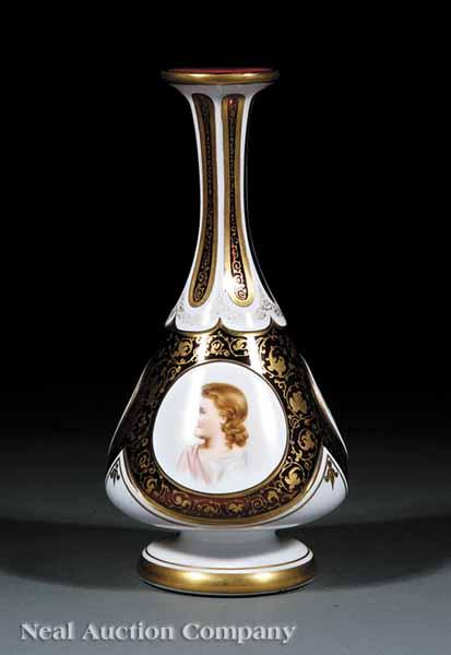 Appraisal: A Bohemian White-Cut-to-Ruby Glass Portrait Medallion Vase th c fluted