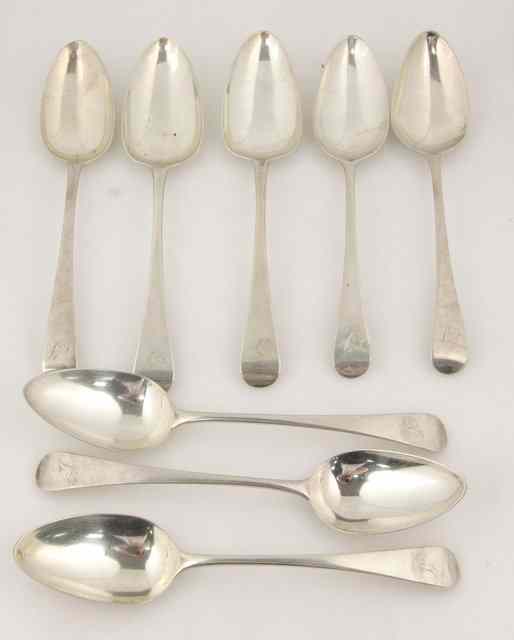 Appraisal: Five George III old English pattern silver table spoons by