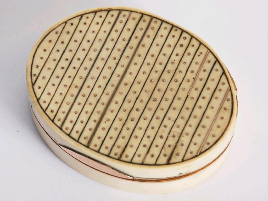 Appraisal: ANTIQUE IVORY CLAD OVAL BOX the hinged lid formed of