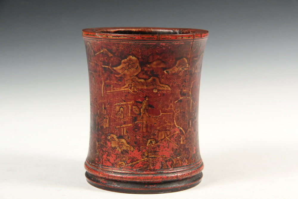 Appraisal: CHINESE BRUSH POT - th c Lacquered Bamboo Brush Pot