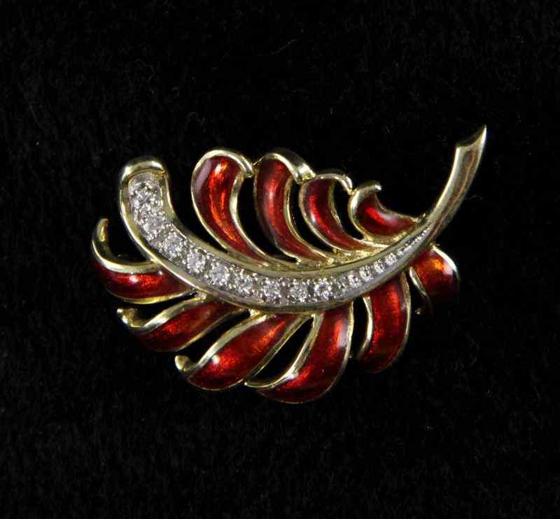 Appraisal: KT Diamond and Enamel Leaf Brooch Signeddesigned in a leaf