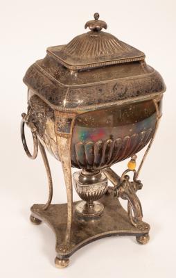 Appraisal: A Regency old Sheffield plate tea urn of rectangular half-ribbed