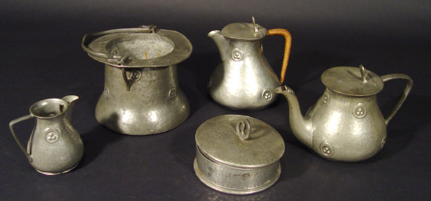 Appraisal: Hutton Art Nouveau pewter five piece tea service with hammered