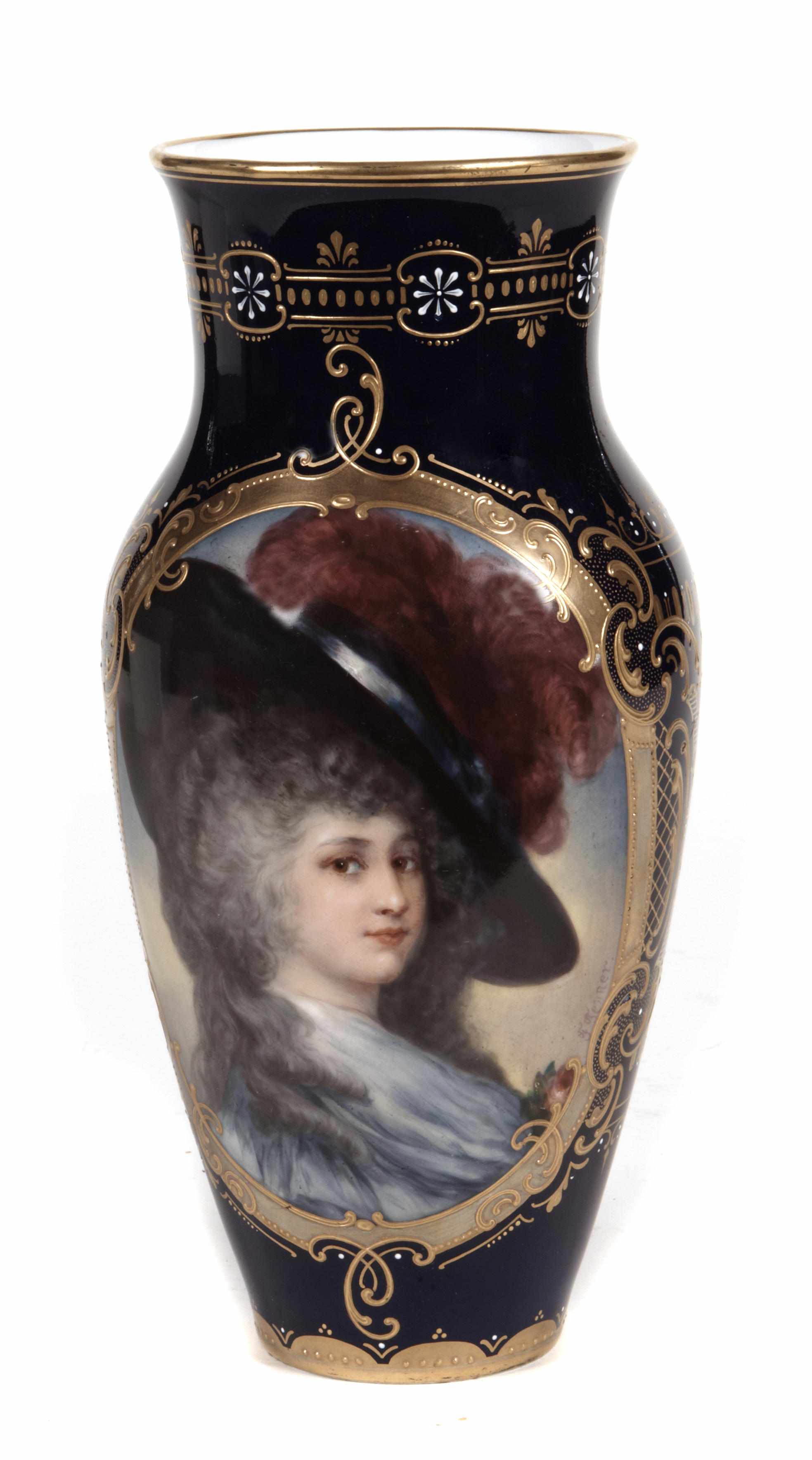 Appraisal: A 'Vienna' gilt decorated cobalt porcelain portrait vase signed F