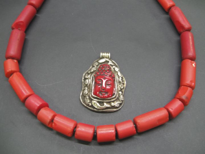 Appraisal: Coral Necklace and Pendant Drop the necklace a dramatic Nepalese