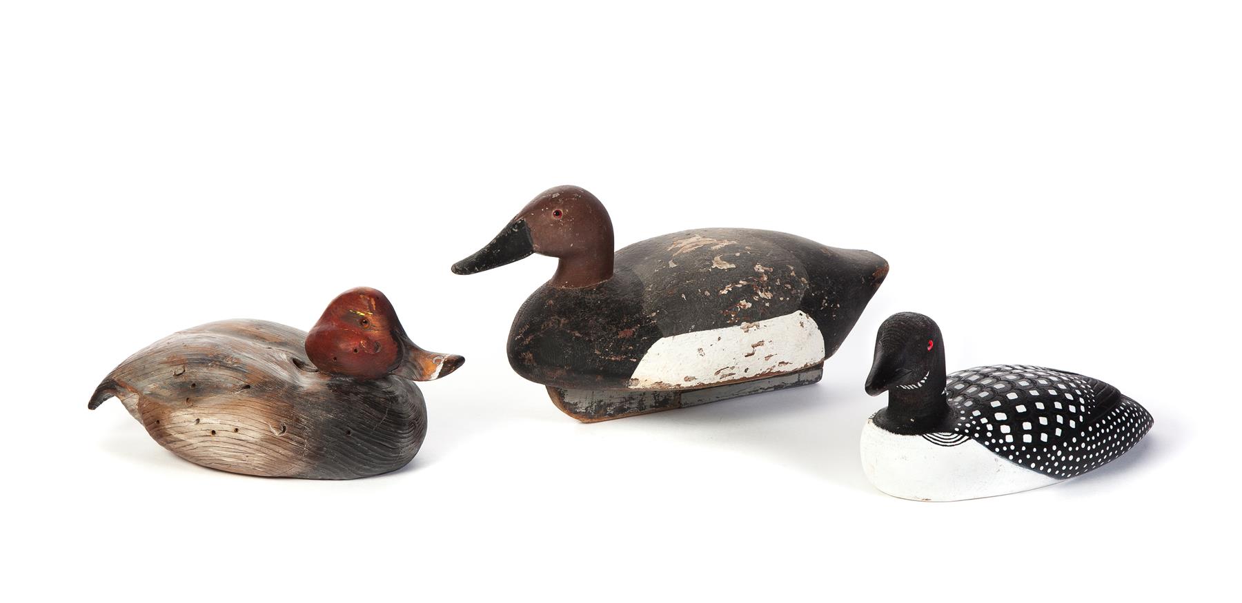 Appraisal: THREE SIGNED DUCK DECOYS American th century Black grey white