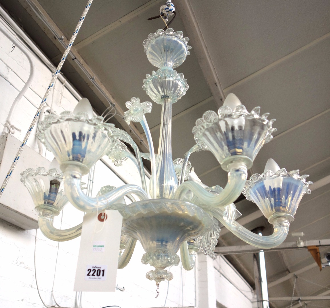 Appraisal: An Italian six branch opaque glass chandelier early th century