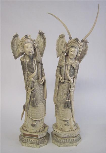 Appraisal: Large pair of Chinese elephant ivory warrior figuresThe tall and