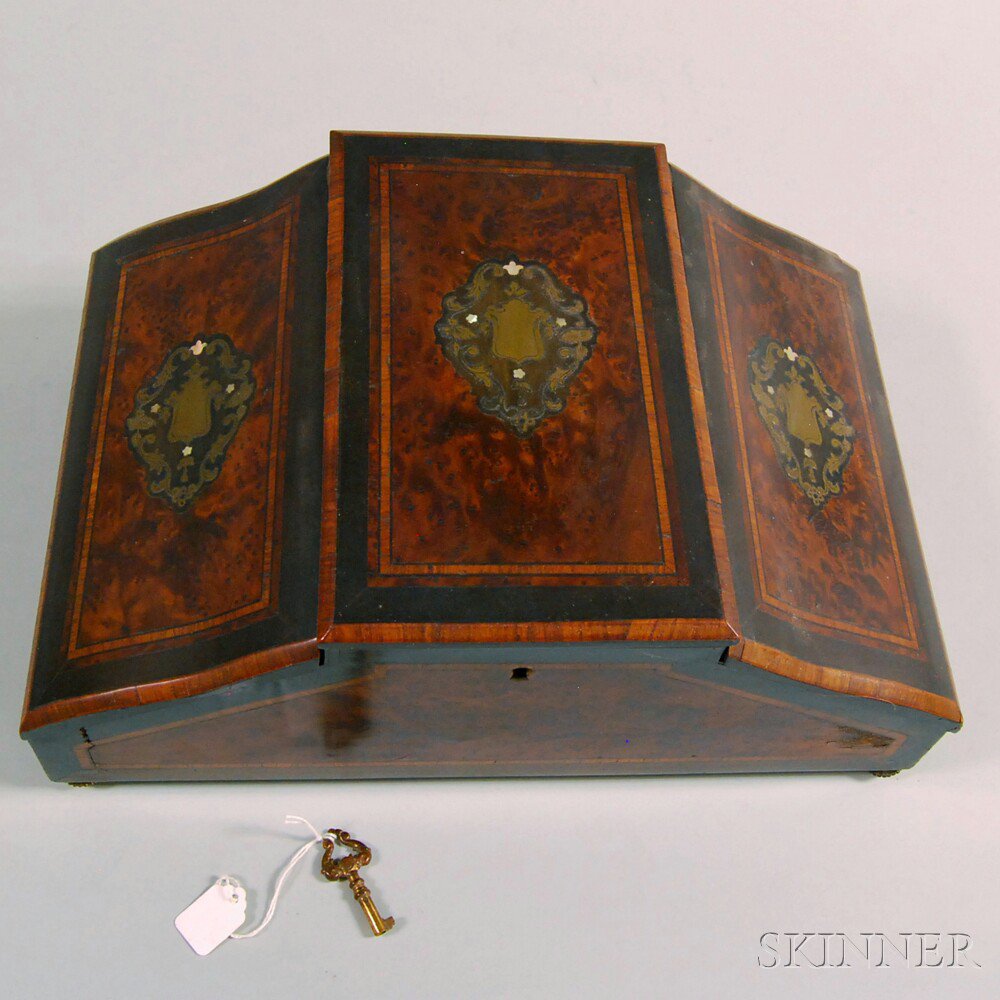 Appraisal: Mother-of-pearl and Brass-inlaid Burl Valuables Box th century the three