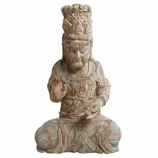 Appraisal: A Large Chinese Painted Wooden Model of Guanyin seated cross