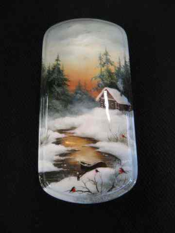 Appraisal: Russian Lacquerware Box withwinter landscape boat stream by a cabin