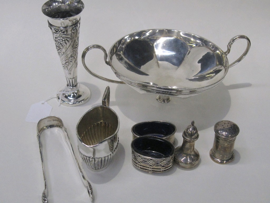 Appraisal: Lot comprising part silver tazza silver vase condiments sugar tongs