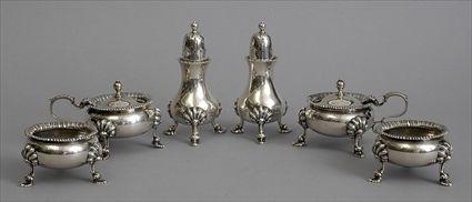 Appraisal: SUITE OF TWO ENGLISH SILVER SALTS TWO PEPPERETTES AND TWO