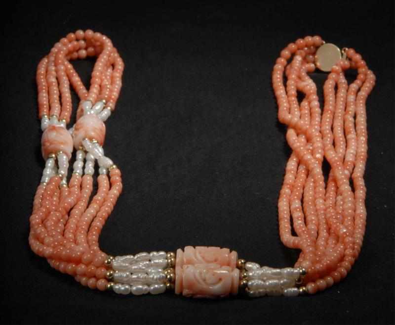 Appraisal: K Y Gold Coral Freshwater Pearl Necklace Description Four strands