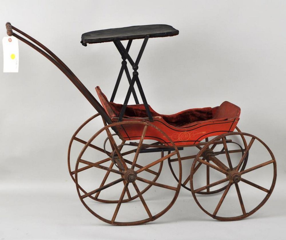 Appraisal: Antique Surrey Doll Pram Carriage high long wide Use wear