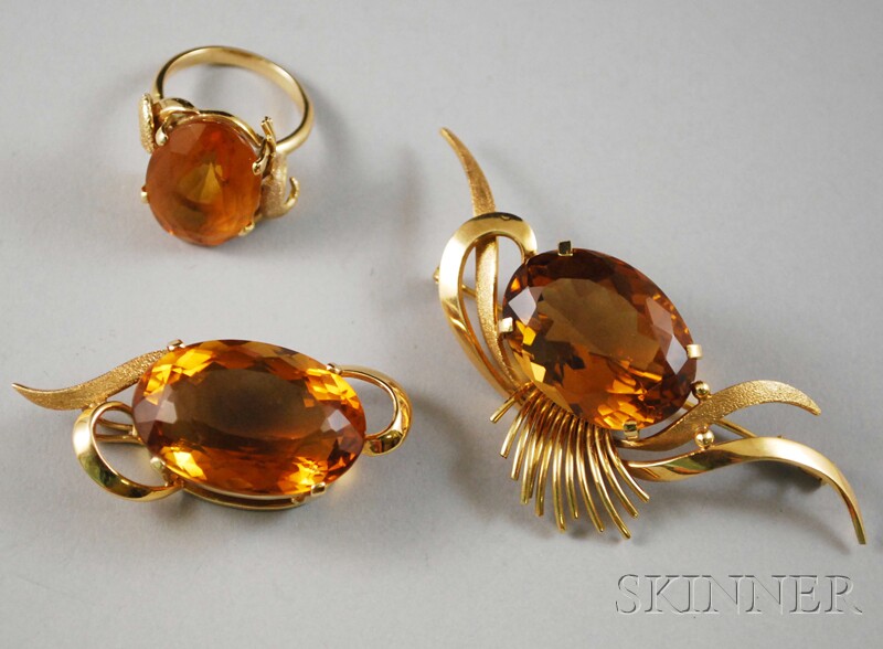 Appraisal: Three Gold and Citrine Jewelry Items two kt gold brooches